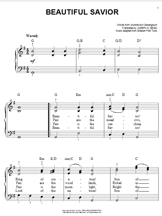 Learn to play Musterisch Gesangbuch Beautiful Savior sheet music for Piano, Vocal & Guitar (Right-Hand Melody) in minutes. Musterisch Gesangbuch Beautiful Savior sheet music preview music notes and score for Piano, Vocal & Guitar (Right-Hand Melody) including 2 page(s)