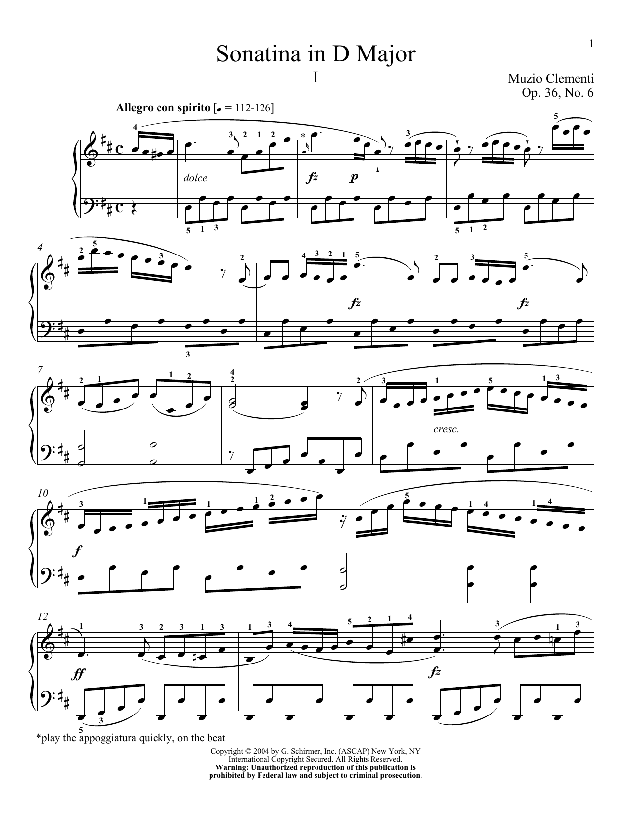 Muzio Clementi Sonatina In D Major, Op. 36, No. 6 sheet music, chords, lyrics - Printable PDF for Piano Solo