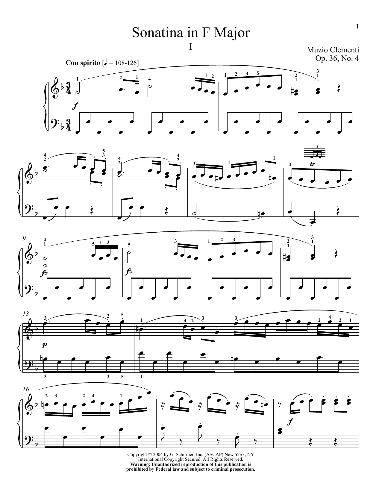 Muzio Clementi Sonatina In F Major, Op. 36, No. 4 sheet music, chords, lyrics - Printable PDF for Piano