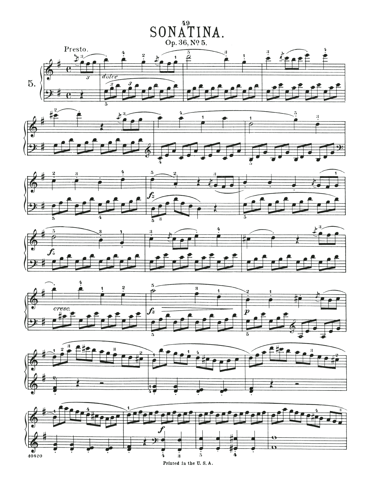 Muzio Clementi Sonatina In G Major, Op. 36, No. 5 sheet music, chords, lyrics - Printable PDF for Piano Solo