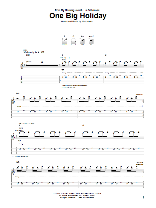 Learn to play My Morning Jacket One Big Holiday sheet music for Guitar Tab in minutes. My Morning Jacket One Big Holiday sheet music preview music notes and score for Guitar Tab including 9 page(s)