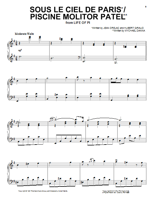 Mychael Danna Sous Le Ciel De Paris/Piscine Molitor Patel sheet music, chords, lyrics - Printable PDF for Piano, Vocal & Guitar (Right-Hand Melody)