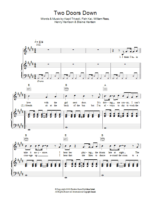Learn to play Mystery Jets Two Doors Down sheet music for Piano, Vocal & Guitar in minutes. Mystery Jets Two Doors Down sheet music preview music notes and score for Piano, Vocal & Guitar including 5 page(s)