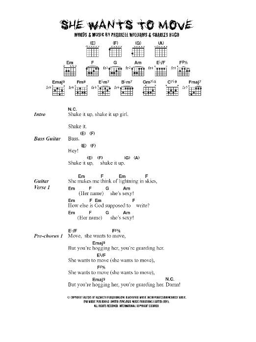 N*E*R*D* She Wants To Move sheet music, chords, lyrics - Printable PDF for Lyrics & Chords