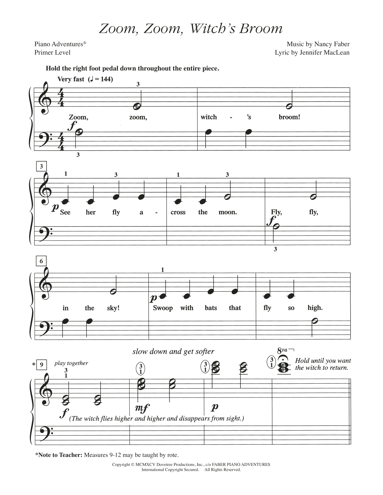 Nancy Faber Zoom, Zoom, Witch's Broom sheet music, chords, lyrics - Printable PDF for Piano Adventures