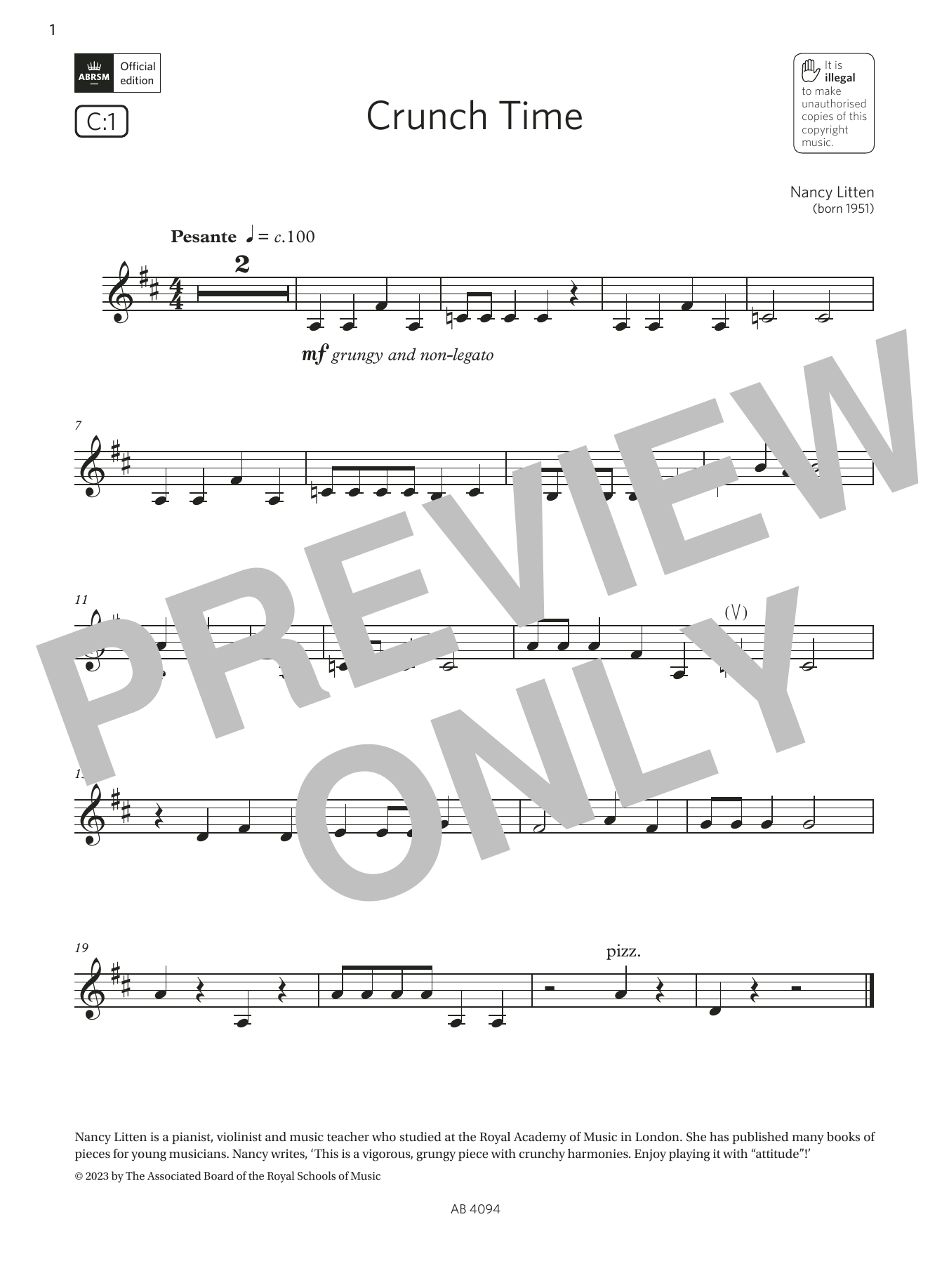 Nancy Litten Crunch Time (Grade Initial, C1, from the ABRSM Violin Syllabus from 2024) sheet music, chords, lyrics - Printable PDF for Violin Solo