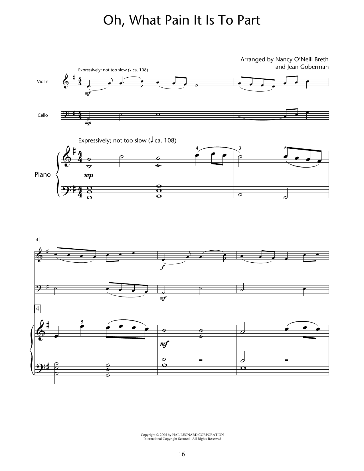 Nancy O'Neill Breth & Jean Goberman Oh, What Pain It Is To Part sheet music, chords, lyrics - Printable PDF for Educational Piano Ensemble