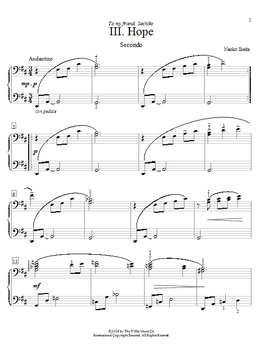 Learn to play Naoko Ikeda Hope sheet music for Piano Duet in minutes. Naoko Ikeda Hope sheet music preview music notes and score for Piano Duet including 4 page(s)
