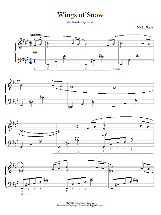 Learn to play Naoko Ikeda Wings Of Snow sheet music for Easy Piano in minutes. Naoko Ikeda Wings Of Snow sheet music preview music notes and score for Easy Piano including 4 page(s)