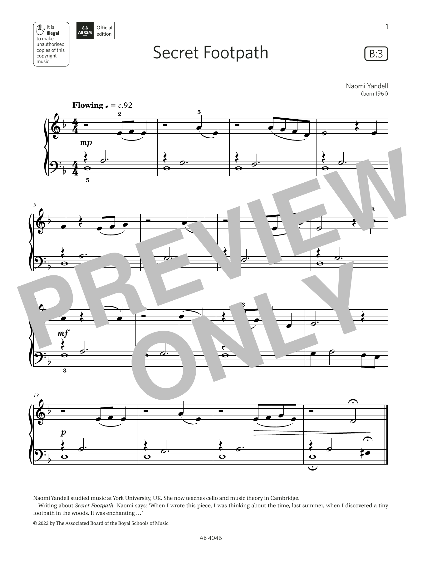 Naomi Yandell Secret Footpath (Grade Initial, list B3, from the ABRSM Piano Syllabus 2023 & 2024) sheet music, chords, lyrics - Printable PDF for Piano Solo