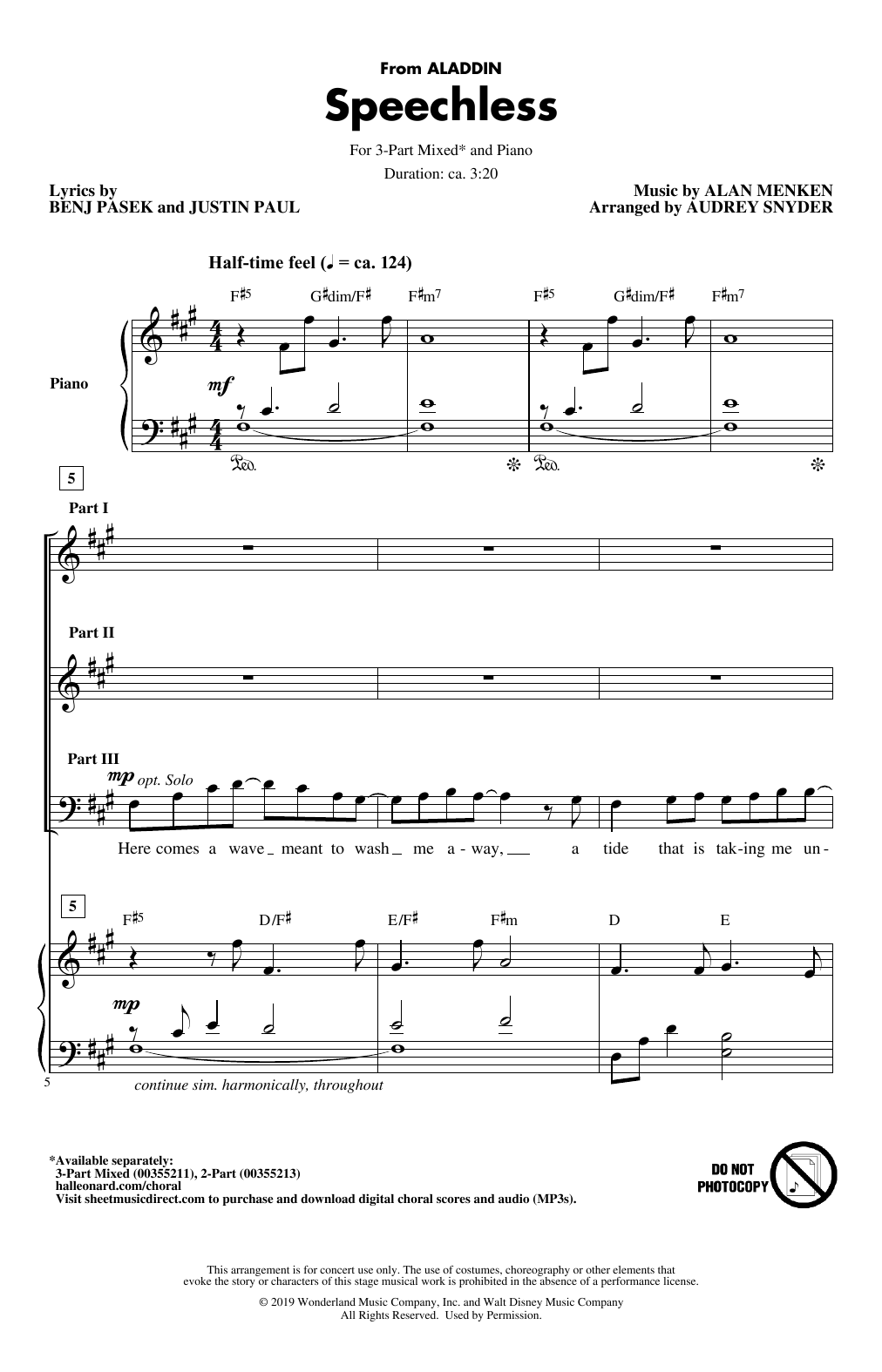 Learn to play Naomi Scott Speechless (from Disney's Aladdin) (arr. Audrey Snyder) sheet music for 2-Part Choir in minutes. Naomi Scott Speechless (from Disney's Aladdin) (arr. Audrey Snyder) sheet music preview music notes and score for 2-Part Choir including 10 page(s)