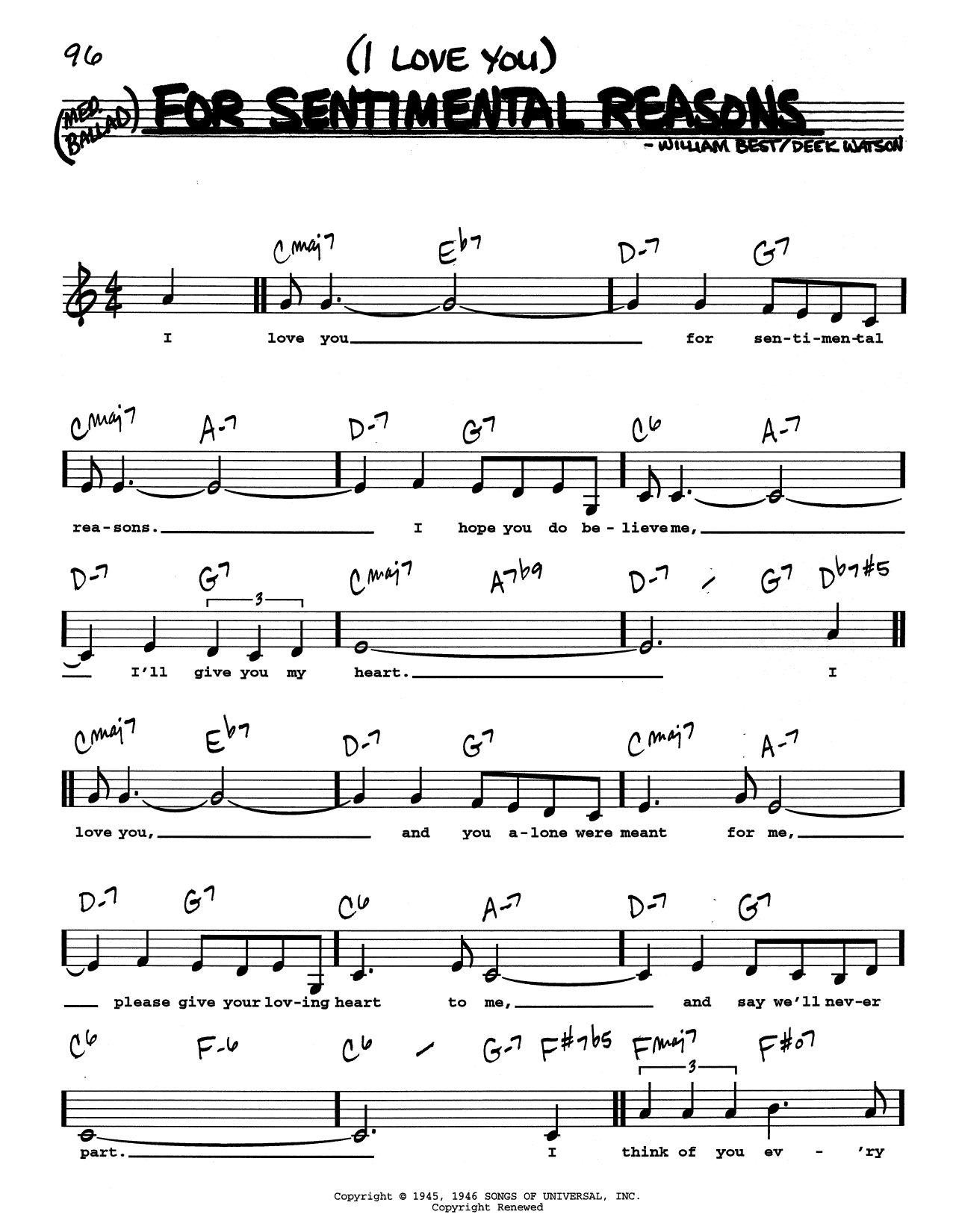 Nat King Cole (I Love You) For Sentimental Reasons (Low Voice) sheet music, chords, lyrics - Printable PDF for Real Book – Melody, Lyrics & Chords