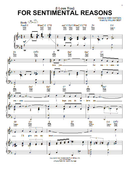Nat King Cole (I Love You) For Sentimental Reasons sheet music, chords, lyrics - Printable PDF for Piano, Vocal & Guitar (Right-Hand Melody)