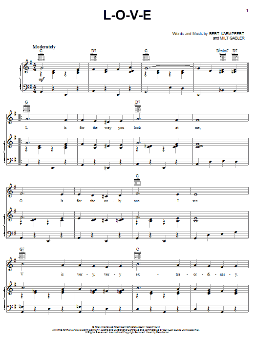 Nat King Cole L-O-V-E sheet music, chords, lyrics - Printable PDF for Piano, Vocal & Guitar (Right-Hand Melody)