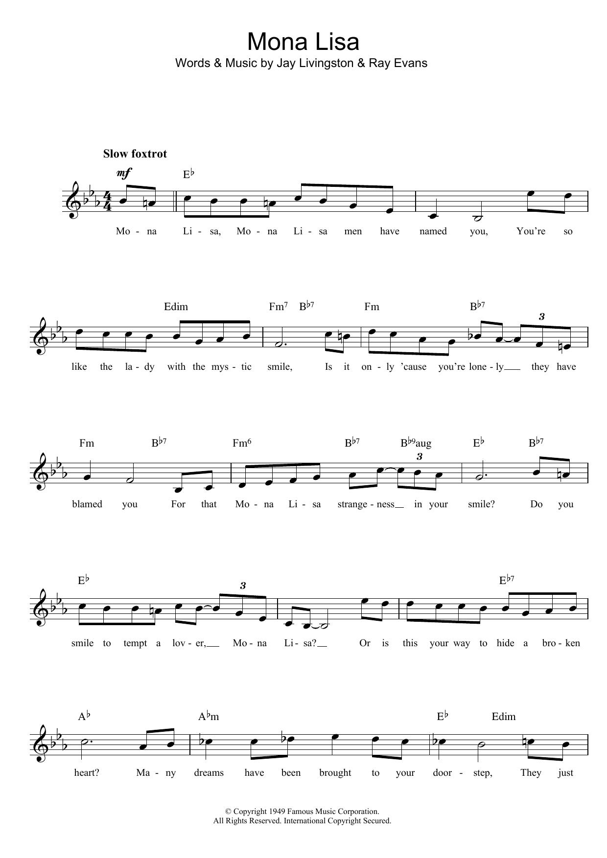 Nat King Cole Mona Lisa sheet music, chords, lyrics - Printable PDF for Piano & Vocal