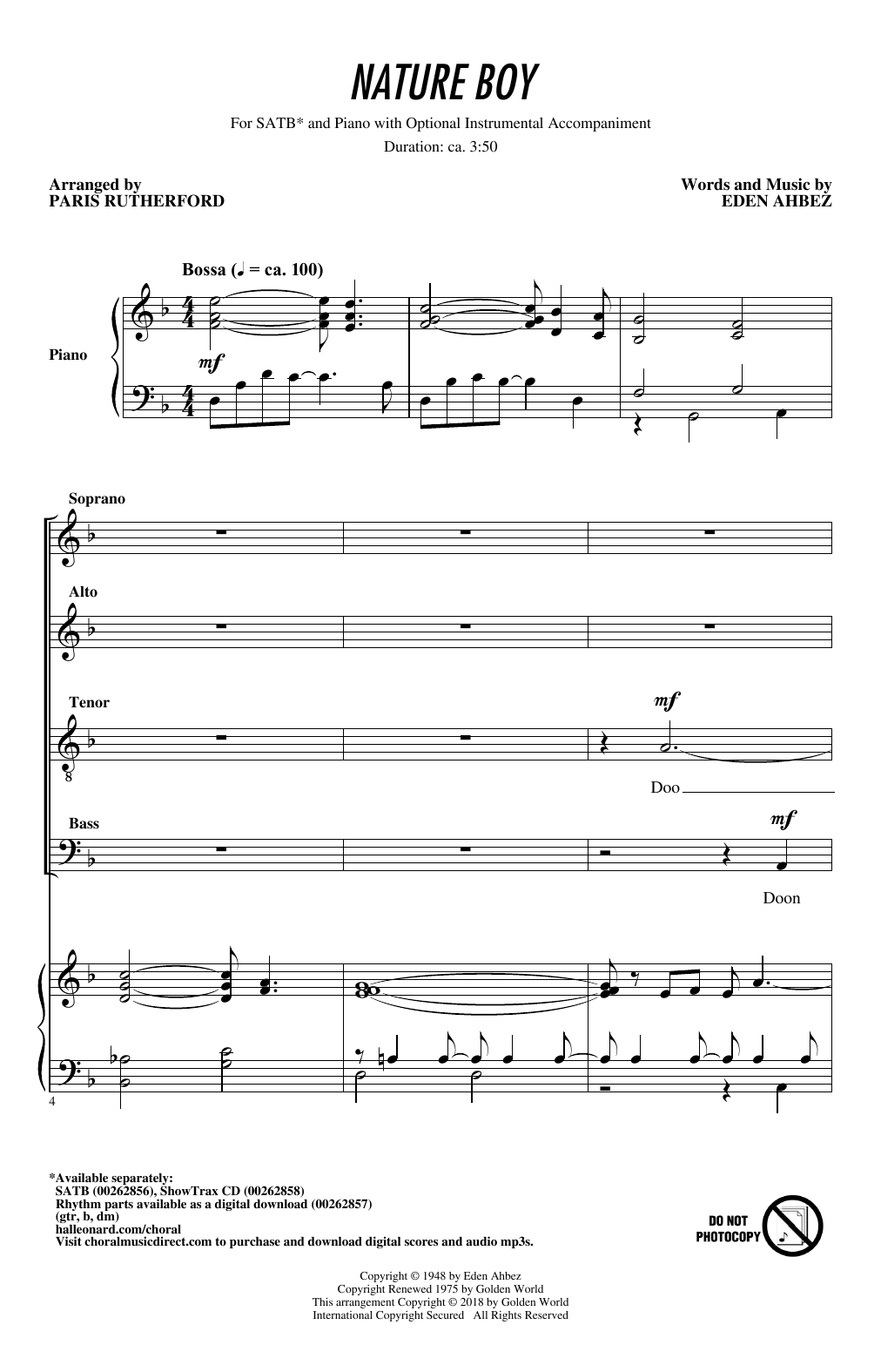 Paris Rutherford Nature Boy sheet music, chords, lyrics - Printable PDF for SATB Choir