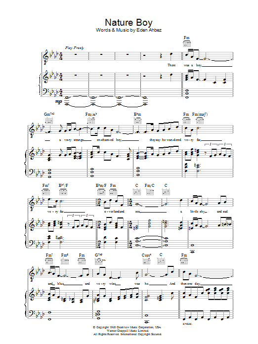 Nat King Cole Nature Boy sheet music, chords, lyrics - Printable PDF for Piano, Vocal & Guitar (Right-Hand Melody)