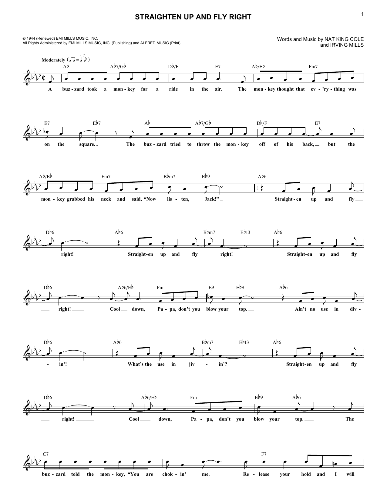 Nat King Cole Straighten Up And Fly Right sheet music, chords, lyrics - Printable PDF for Lead Sheet / Fake Book
