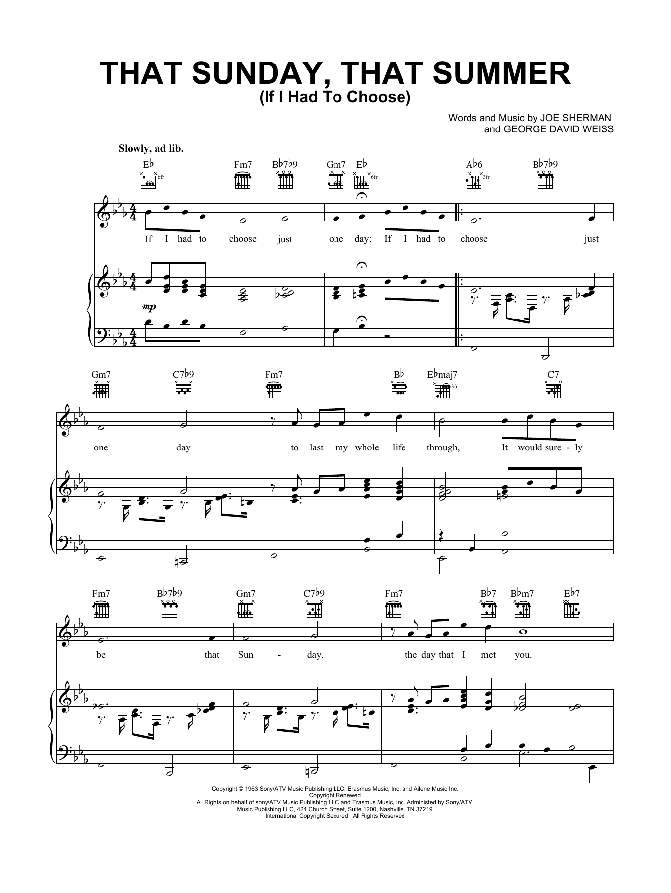 Nat King Cole That Sunday That Summer (If I Had To Choose) sheet music, chords, lyrics - Printable PDF for Piano, Vocal & Guitar (Right-Hand Melody)