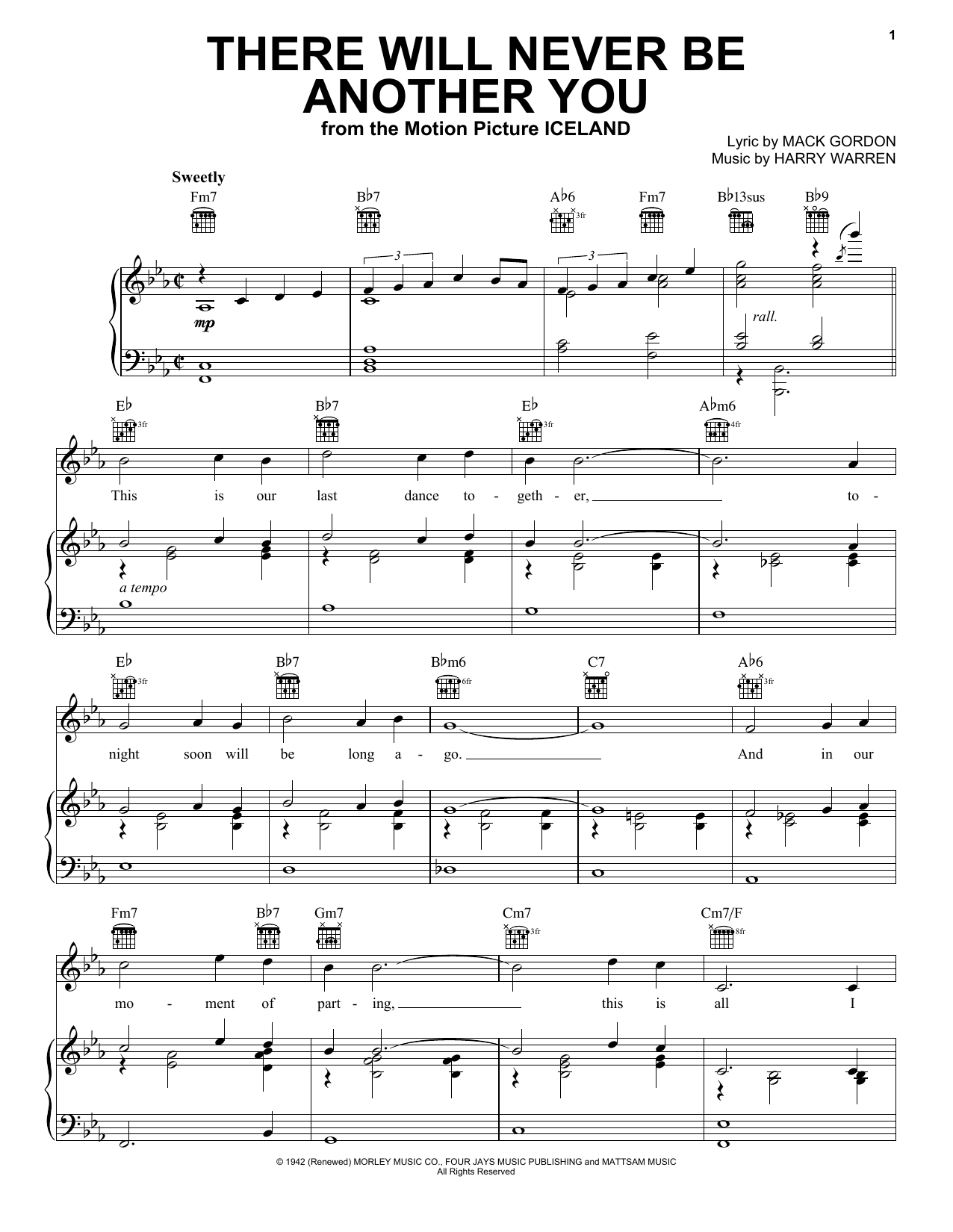 Nat King Cole There Will Never Be Another You sheet music, chords, lyrics - Printable PDF for Piano, Vocal & Guitar (Right-Hand Melody)