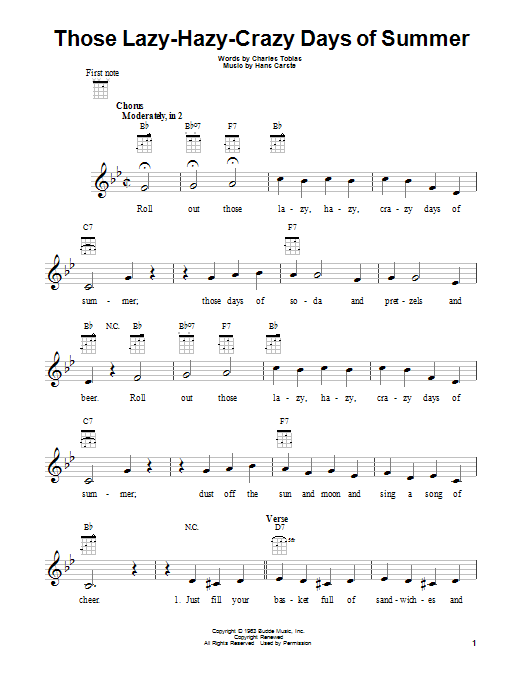 Nat King Cole Those Lazy-Hazy-Crazy Days Of Summer sheet music, chords, lyrics - Printable PDF for Ukulele