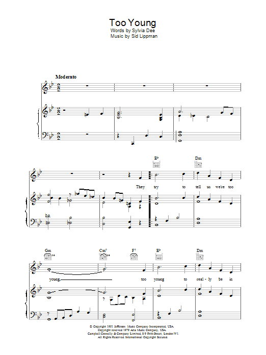 Nat King Cole Too Young sheet music, chords, lyrics - Printable PDF for Piano, Vocal & Guitar (Right-Hand Melody)
