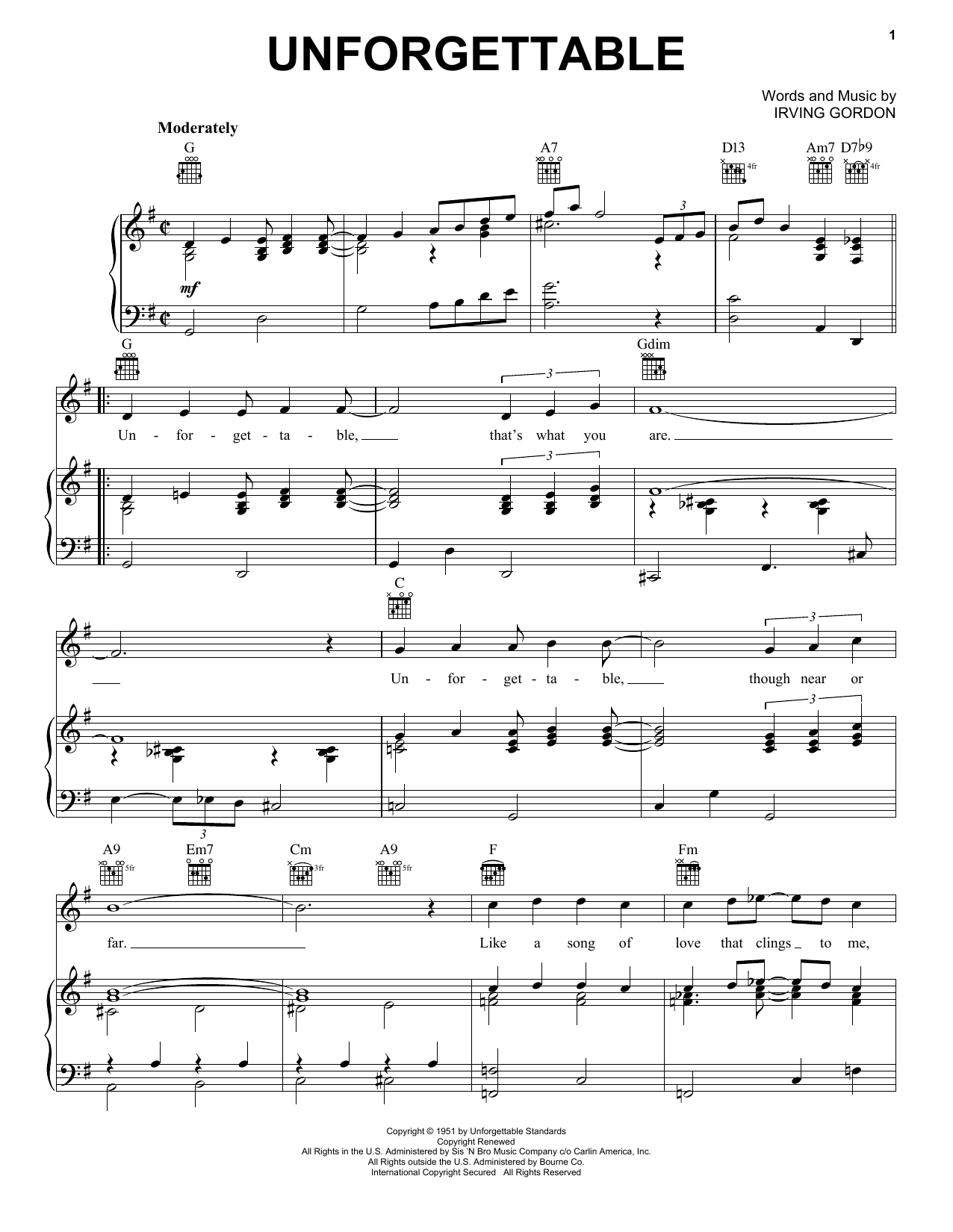 Nat King Cole Unforgettable sheet music, chords, lyrics - Printable PDF for Piano, Vocal & Guitar (Right-Hand Melody)