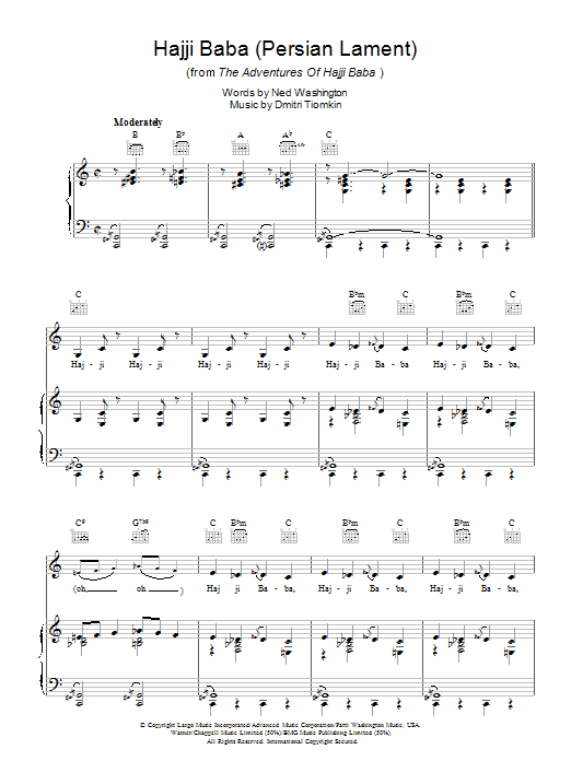 Learn to play Nat King Cole Hajji Baba (Persian Lament) sheet music for Piano, Vocal & Guitar (Right-Hand Melody) in minutes. Nat King Cole Hajji Baba (Persian Lament) sheet music preview music notes and score for Piano, Vocal & Guitar (Right-Hand Melody) including 5 page(s)
