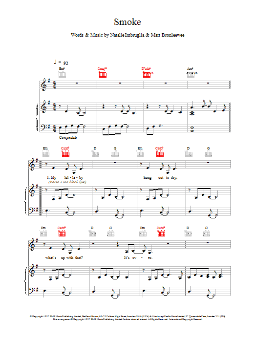 Download Natalie Imbruglia Smoke sheet music notes and chords for Piano, Vocal & Guitar - Download Printable PDF and start playing in minutes.