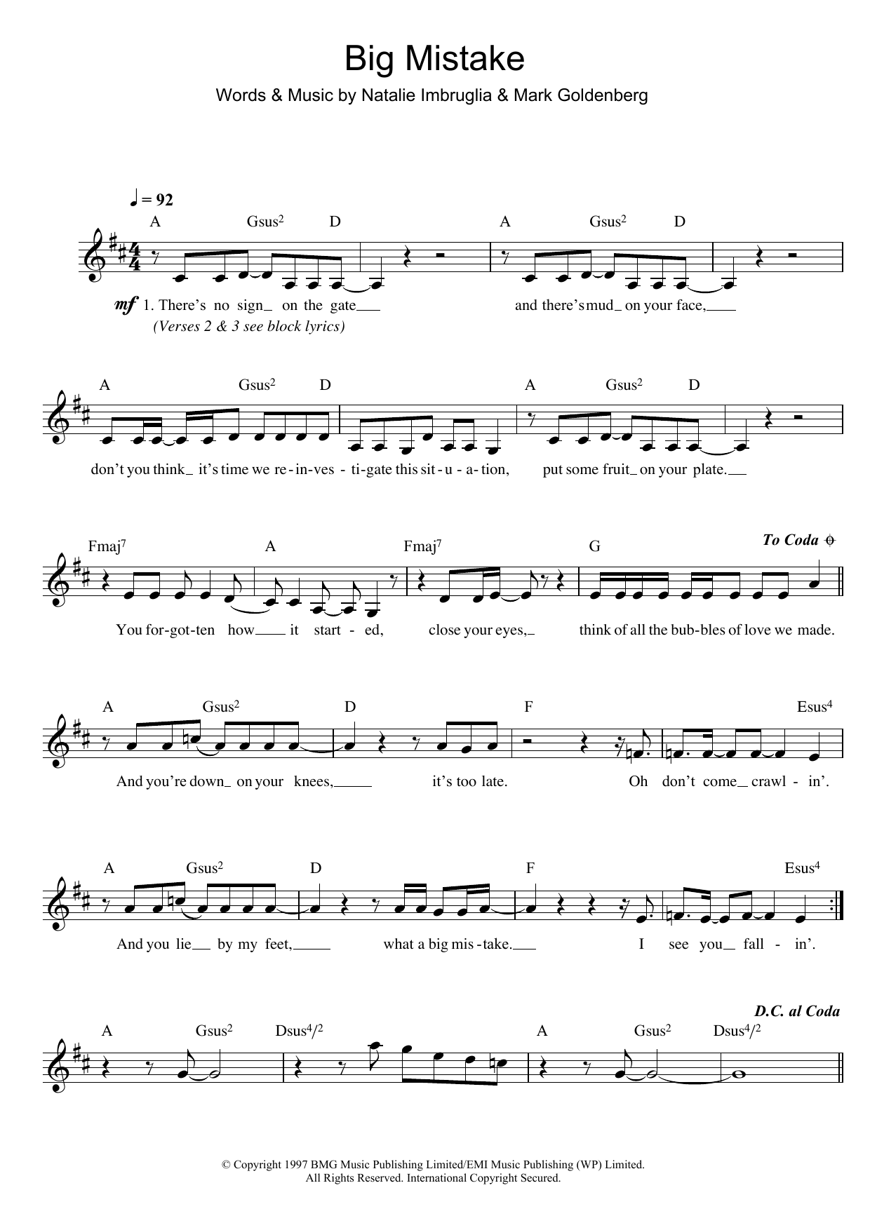 Natalie Imbruglia Big Mistake sheet music preview music notes and score for Piano, Vocal & Guitar including 4 page(s)