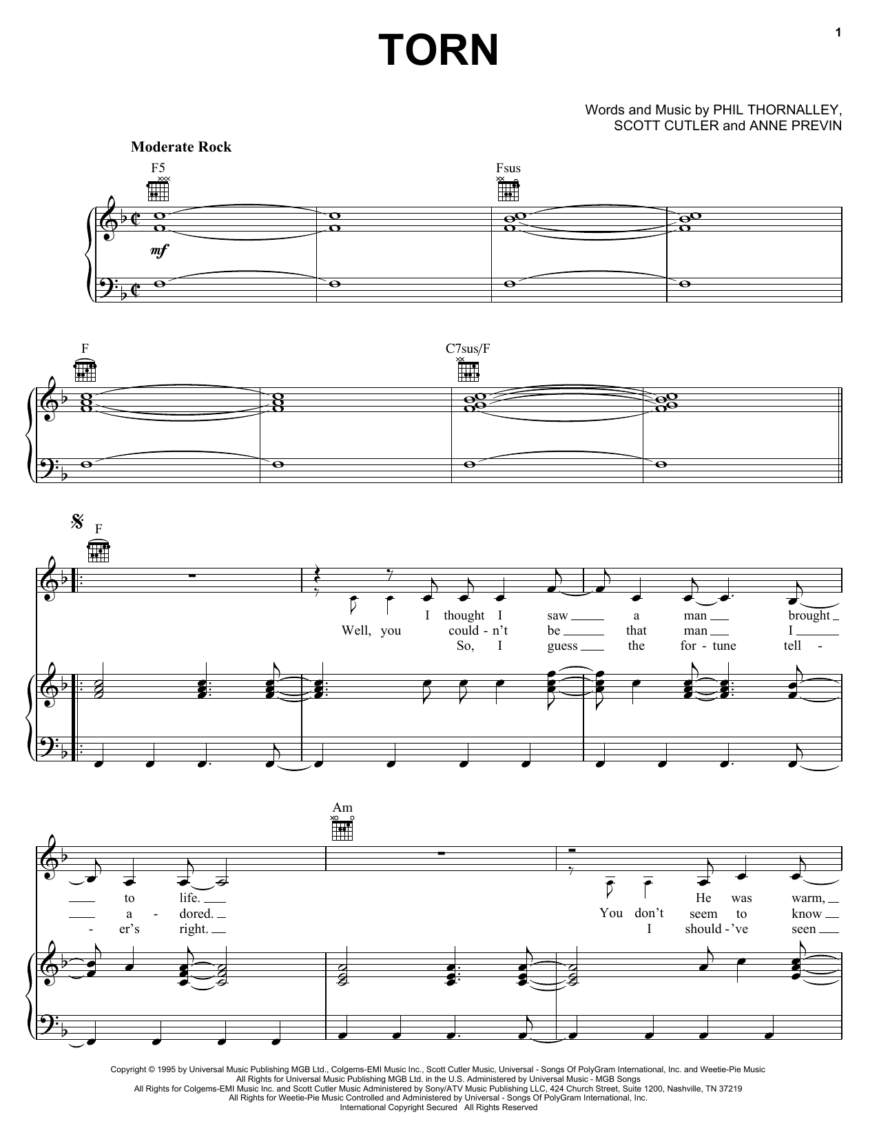 Natalie Imbruglia Torn sheet music preview music notes and score for Piano, Vocal & Guitar (Right-Hand Melody) including 8 page(s)