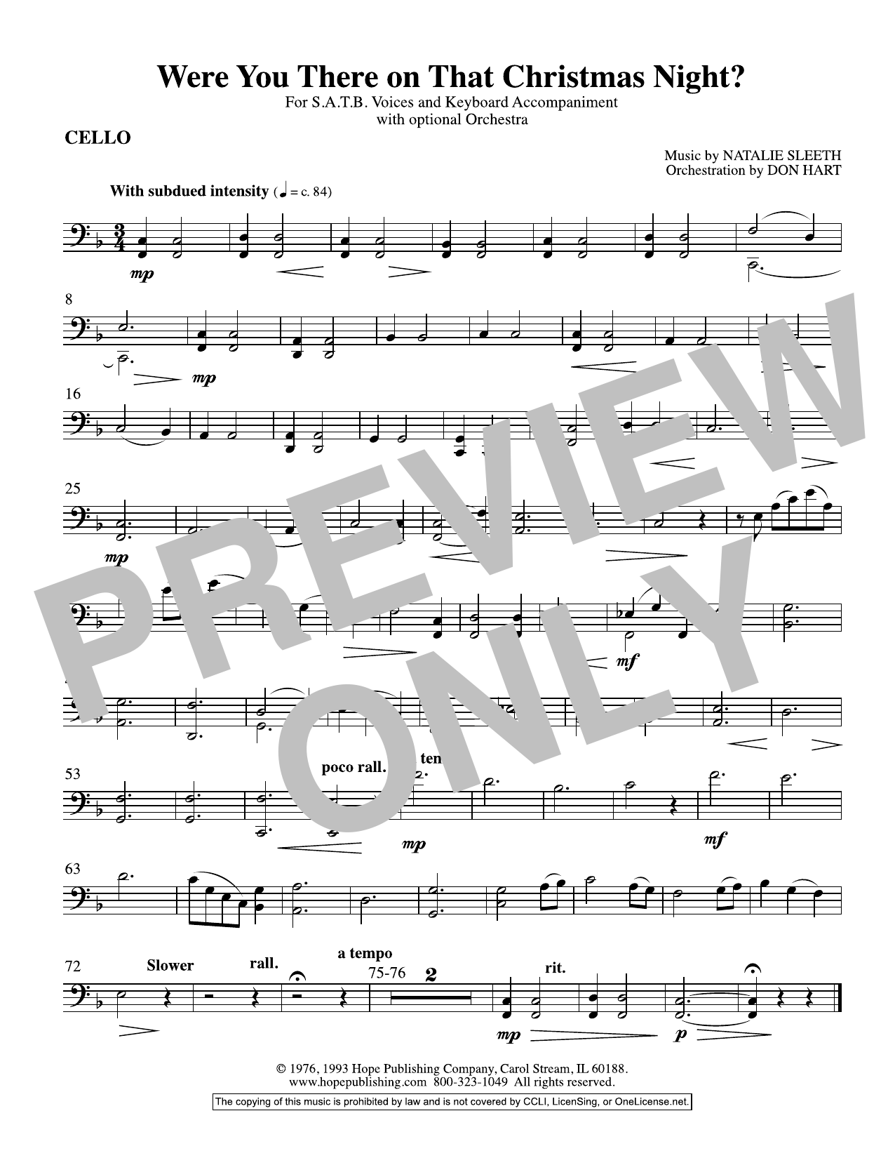 Learn to play NATALIE SLEETH Were You There On That Christmas Night? (arr. Don Hart) - Cello sheet music for Choir Instrumental Pak in minutes. NATALIE SLEETH Were You There On That Christmas Night? (arr. Don Hart) - Cello sheet music preview music notes and score for Choir Instrumental Pak including 1 page(s)