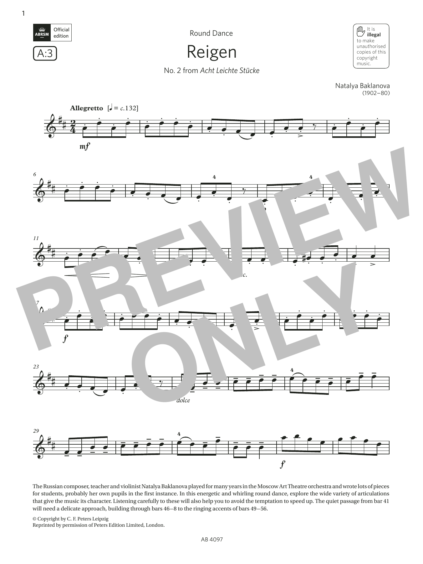 Natalya Baklanova Reigen (Grade 3, A3, from the ABRSM Violin Syllabus from 2024) sheet music, chords, lyrics - Printable PDF for Violin Solo