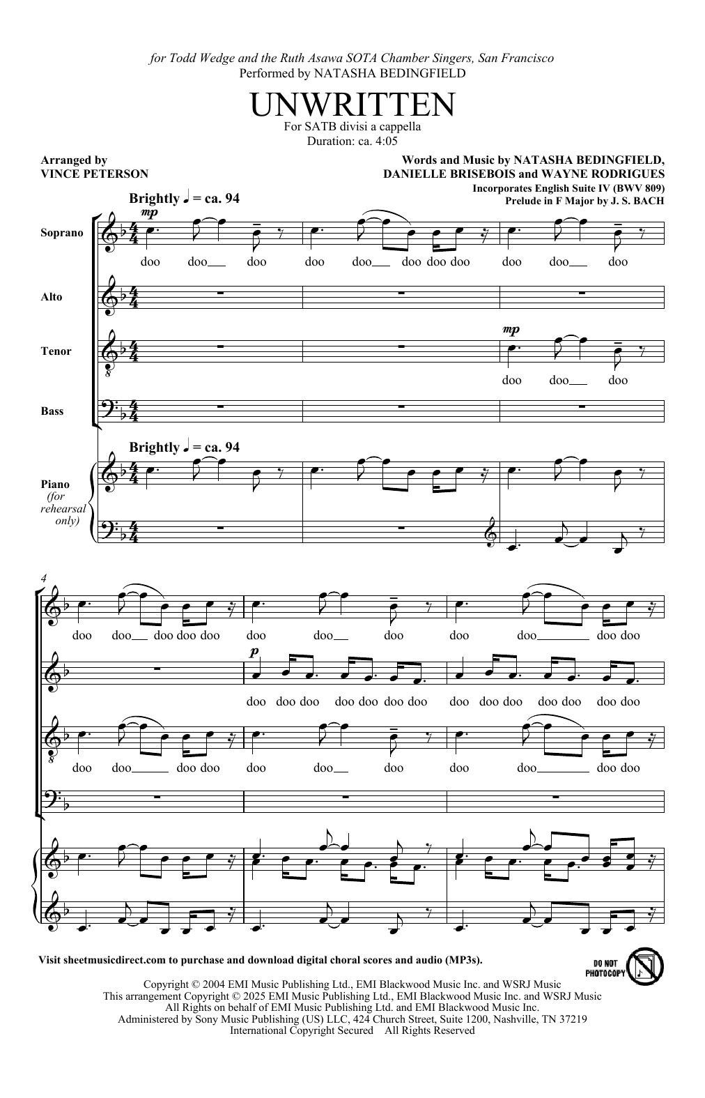 Natasha Bedingfield Unwritten (Incorporates English Suite IV) (arr. Vince Peterson) sheet music, chords, lyrics - Printable PDF for SATB divisi Choir