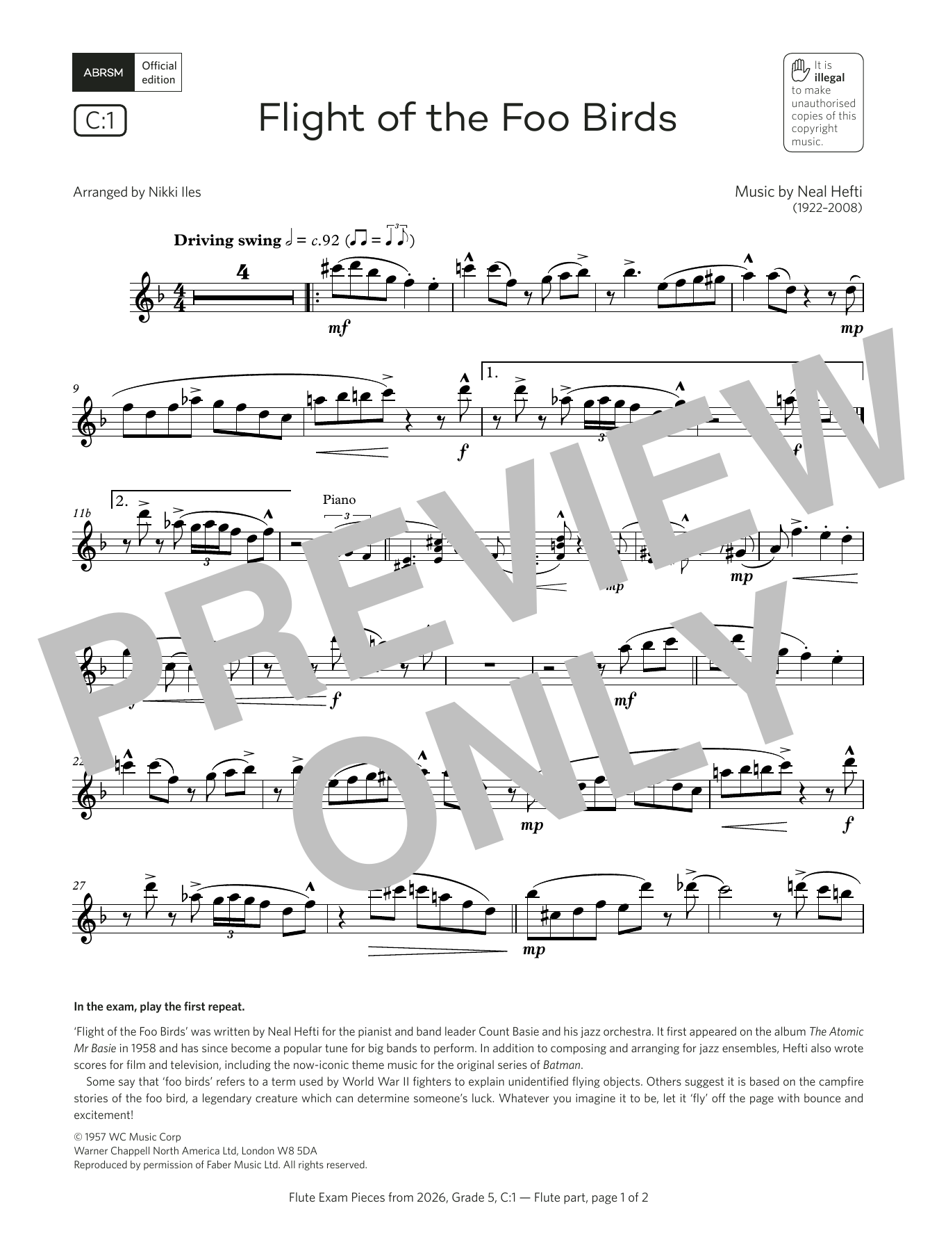 Neal Hefti Flight of the Foo Birds (Grade 5, list C1, from the ABRSM Flute Syllabus from 2026) sheet music, chords, lyrics - Printable PDF for Flute Solo