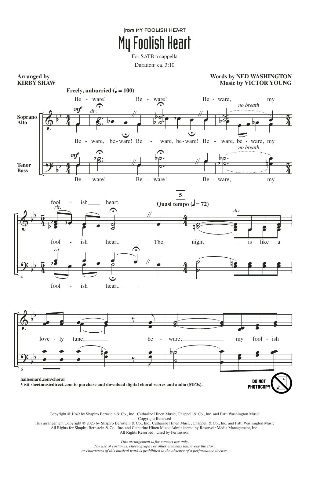 Ned Washington & Victor Young My Foolish Heart (arr. Kirby Shaw) sheet music, chords, lyrics - Printable PDF for SATB Choir