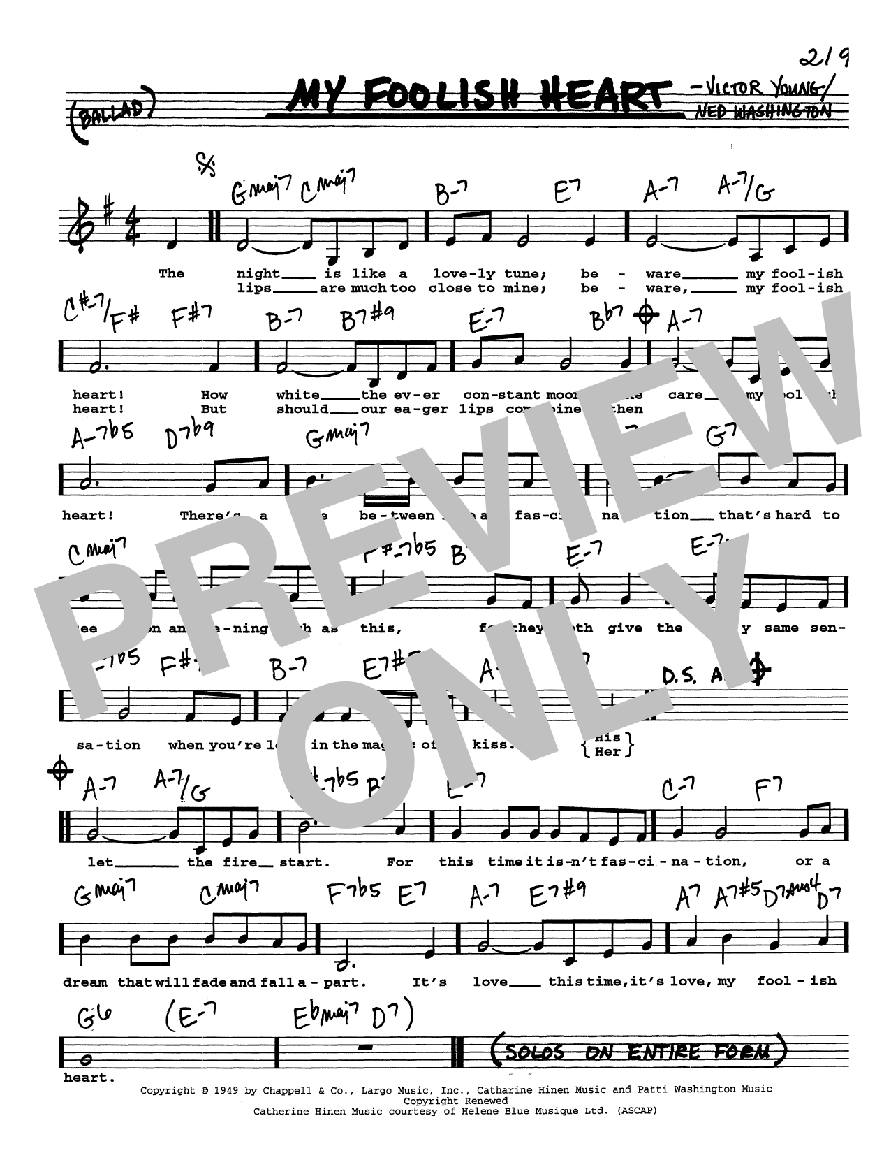Ned Washington & Victor Young My Foolish Heart (Low Voice) sheet music, chords, lyrics - Printable PDF for Real Book – Melody, Lyrics & Chords
