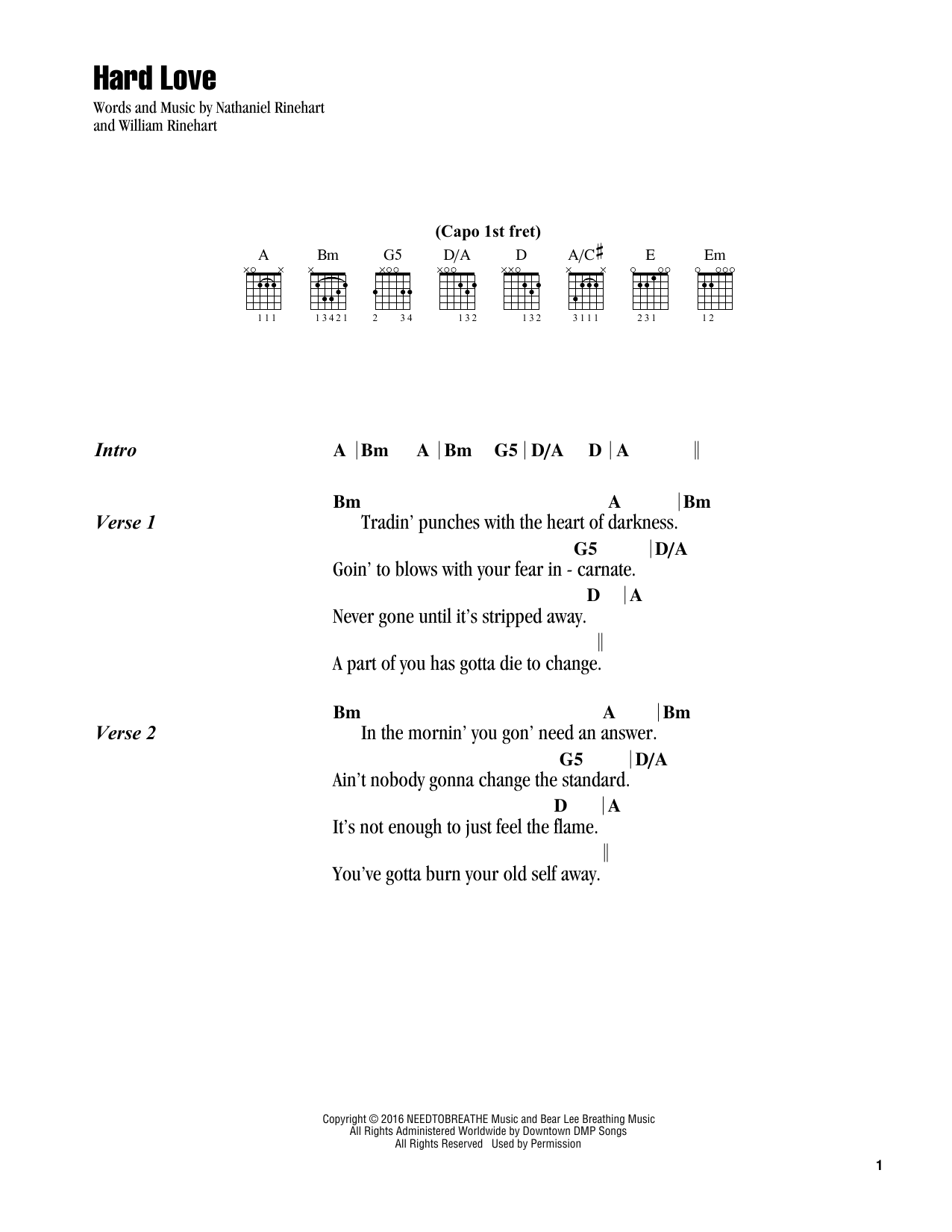 NEEDTOBREATHE Hard Love sheet music preview music notes and score for Piano, Vocal & Guitar Chords (Right-Hand Melody) including 7 page(s)