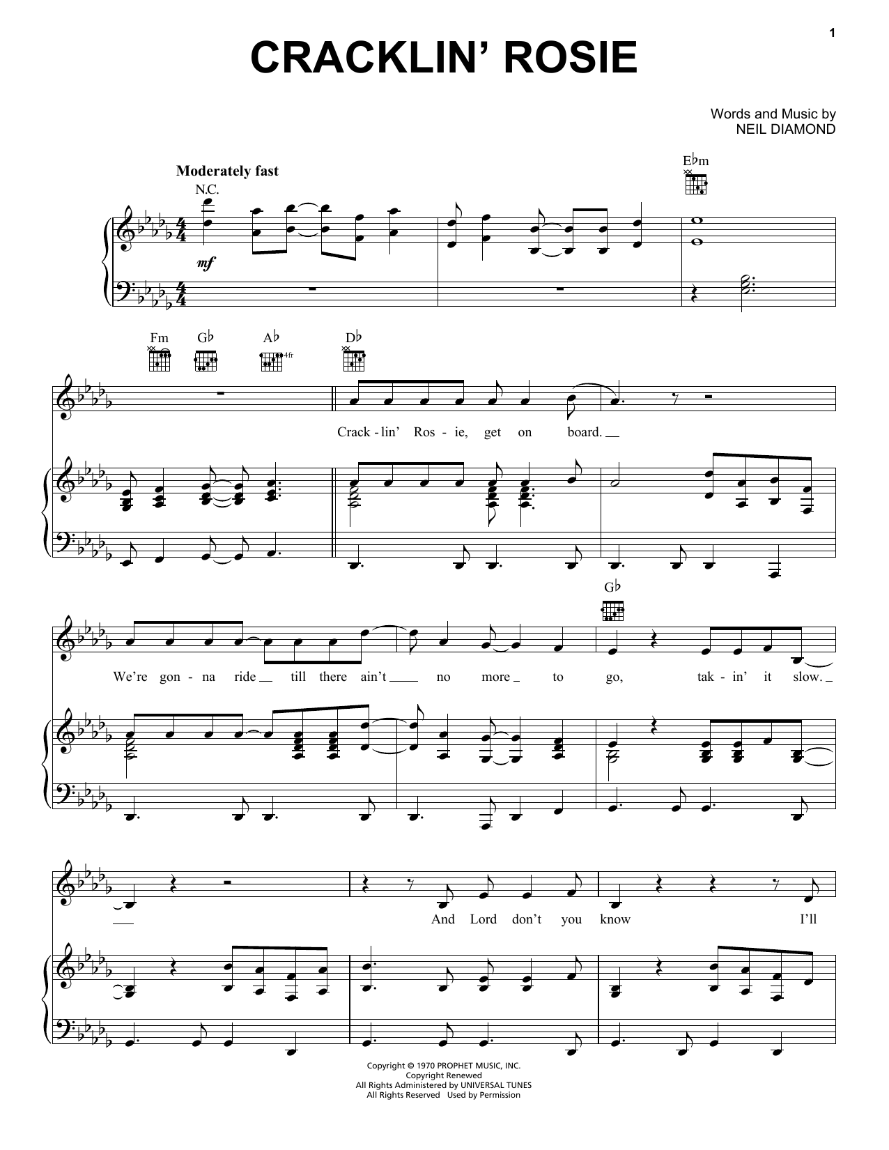Download Neil Diamond Cracklin' Rosie sheet music notes and chords for Piano, Vocal & Guitar (Right-Hand Melody) - Download Printable PDF and start playing in minutes.
