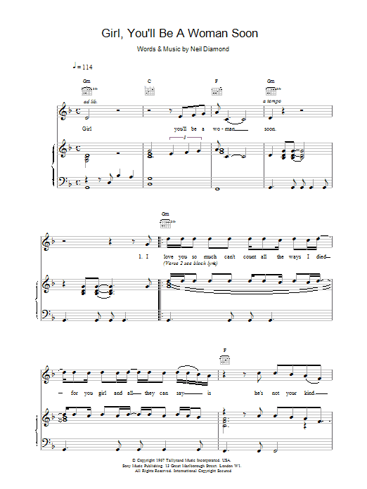 Download Urge Overkill Girl, You'll Be A Woman Soon (from Pulp Fiction) sheet music notes and chords for Piano, Vocal & Guitar (Right-Hand Melody) - Download Printable PDF and start playing in minutes.