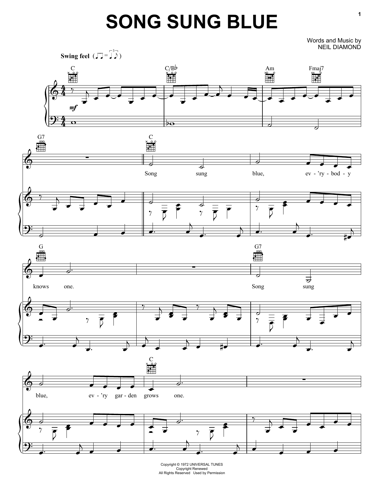 Download Neil Diamond Song Sung Blue sheet music notes and chords for Piano, Vocal & Guitar (Right-Hand Melody) - Download Printable PDF and start playing in minutes.