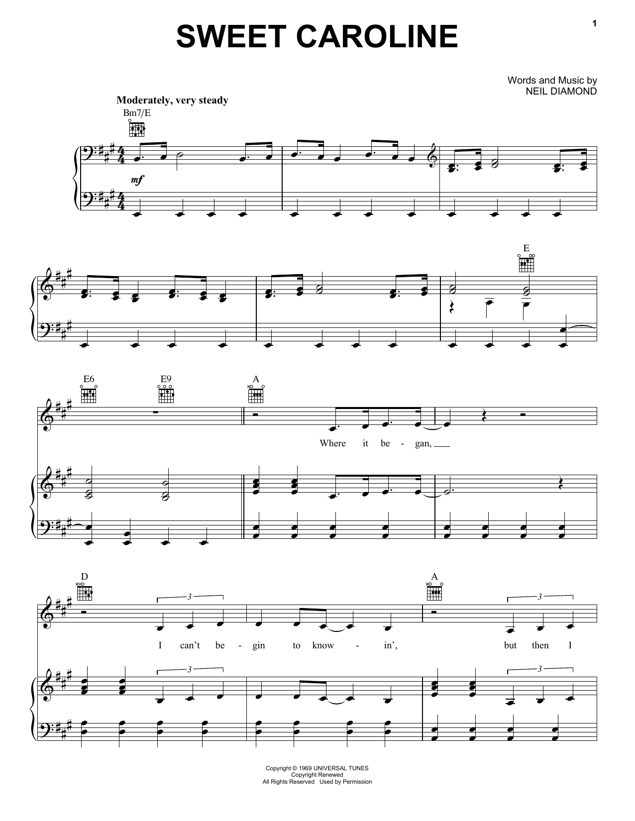 Download Neil Diamond Sweet Caroline sheet music notes and chords for Piano, Vocal & Guitar (Right-Hand Melody) - Download Printable PDF and start playing in minutes.