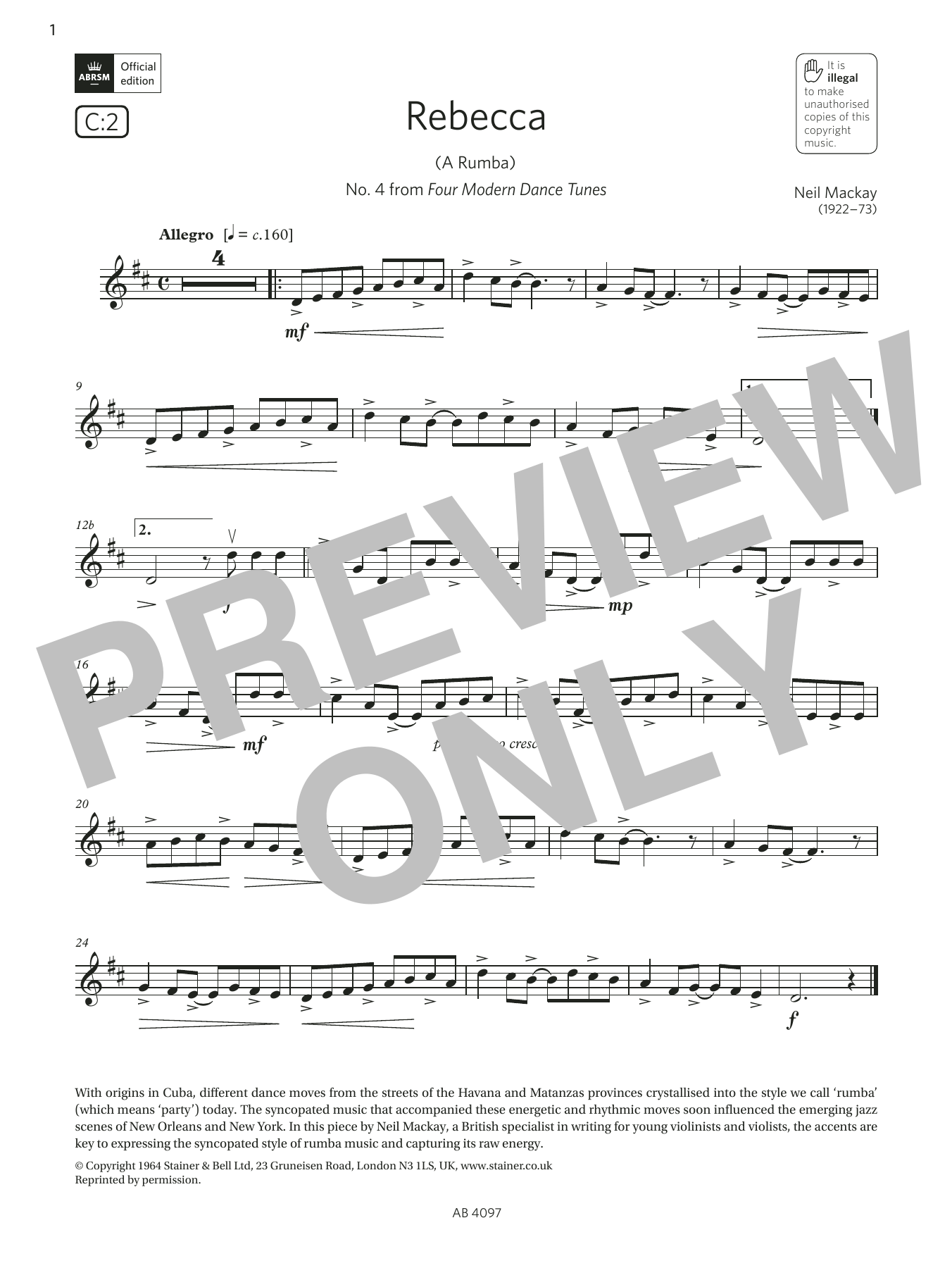 Neil Mackay Rebecca (A Rumba) (Grade 3, C2, from the ABRSM Violin Syllabus from 2024) sheet music, chords, lyrics - Printable PDF for Violin Solo