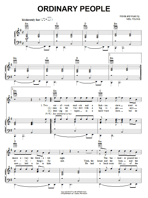 Neil Young Ordinary People sheet music, chords, lyrics - Printable PDF for Piano, Vocal & Guitar (Right-Hand Melody)