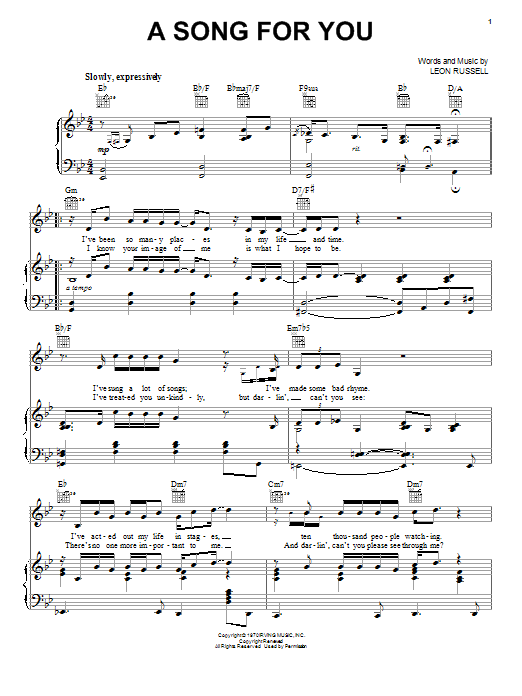 Neil Diamond A Song For You sheet music preview music notes and score for Piano, Vocal & Guitar (Right-Hand Melody) including 6 page(s)