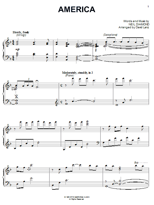Learn to play Neil Diamond America sheet music for Piano, Vocal & Guitar (Right-Hand Melody) in minutes. Neil Diamond America sheet music preview music notes and score for Piano, Vocal & Guitar (Right-Hand Melody) including 8 page(s)