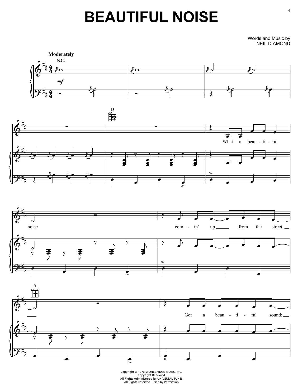 Learn to play Neil Diamond Beautiful Noise sheet music for Piano, Vocal & Guitar (Right-Hand Melody) in minutes. Neil Diamond Beautiful Noise sheet music preview music notes and score for Piano, Vocal & Guitar (Right-Hand Melody) including 6 page(s)