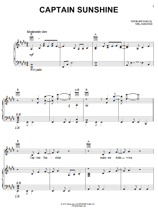 Learn to play Neil Diamond Captain Sunshine sheet music for Piano, Vocal & Guitar (Right-Hand Melody) in minutes. Neil Diamond Captain Sunshine sheet music preview music notes and score for Piano, Vocal & Guitar (Right-Hand Melody) including 5 page(s)