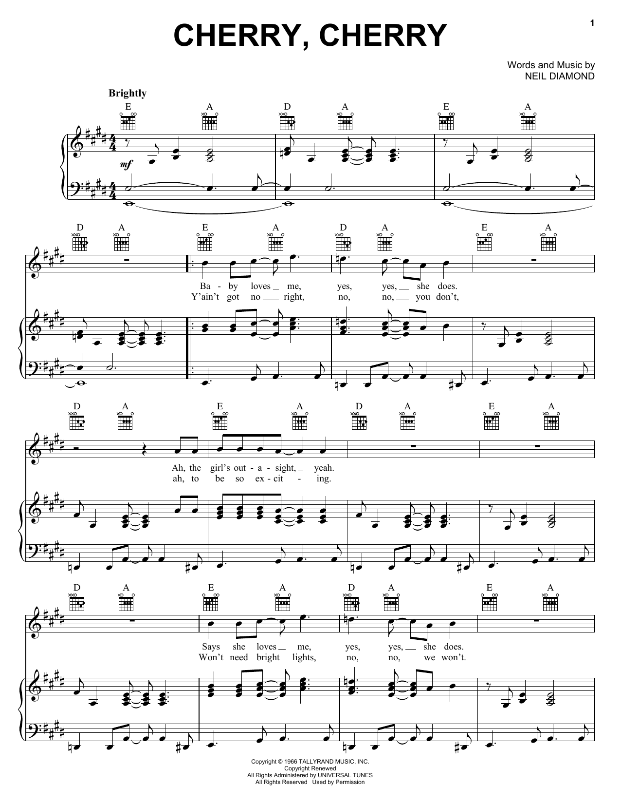 Learn to play Neil Diamond Cherry, Cherry sheet music for Piano, Vocal & Guitar (Right-Hand Melody) in minutes. Neil Diamond Cherry, Cherry sheet music preview music notes and score for Piano, Vocal & Guitar (Right-Hand Melody) including 4 page(s)