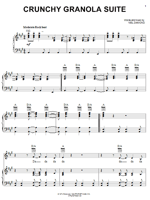 Neil Diamond Crunchy Granola Suite sheet music preview music notes and score for Piano, Vocal & Guitar (Right-Hand Melody) including 7 page(s)